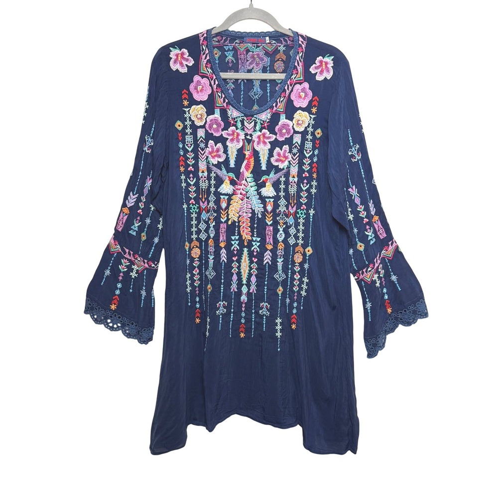 Johnny Was Blue Embroidered Cupra Rayon Tunic Top Size L Boho Hummingbird